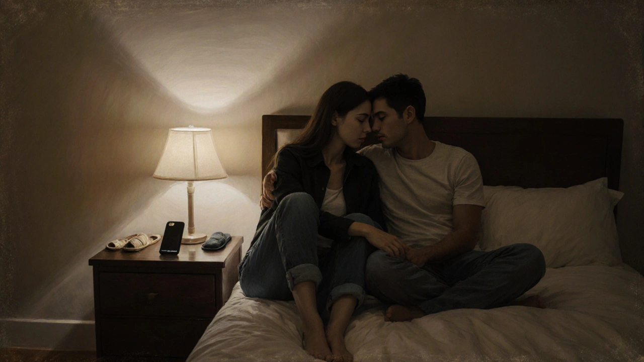 A couple sitting on a bed, foreheads touching in silent connection, phone face-down nearby.