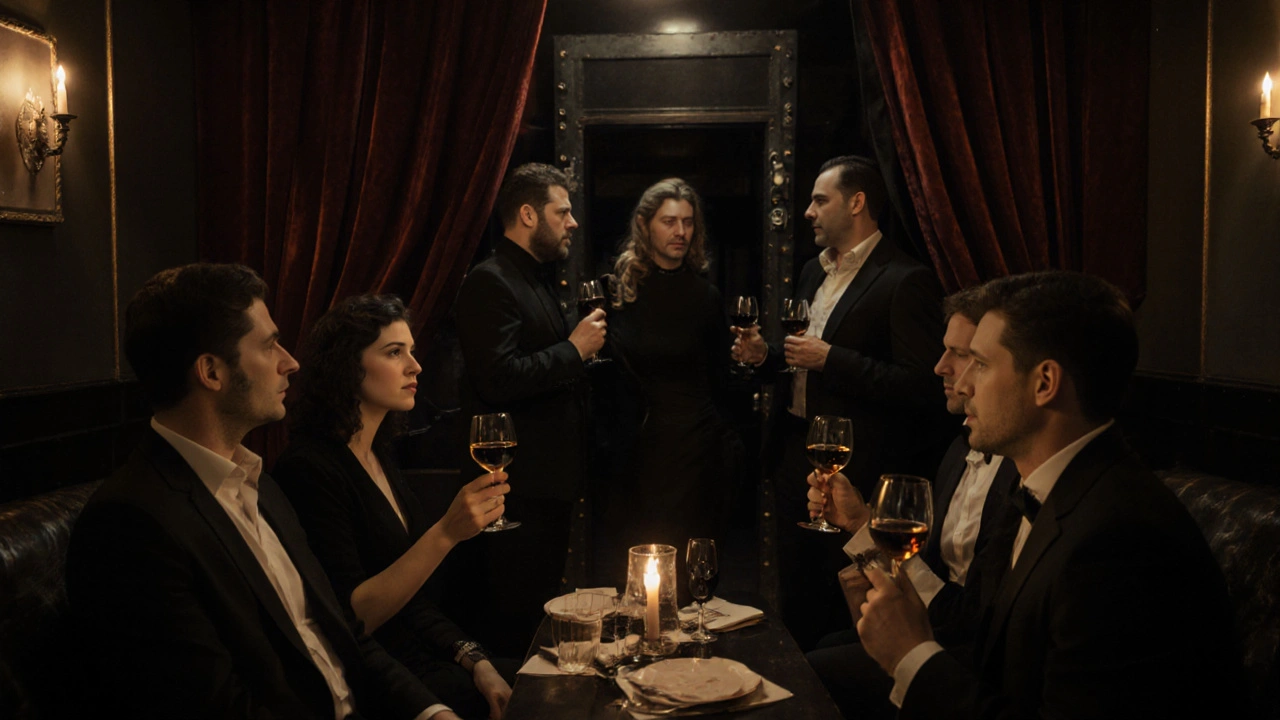 A discreet kink community gathering in Shoreditch with adults conversing calmly in a candlelit lounge.