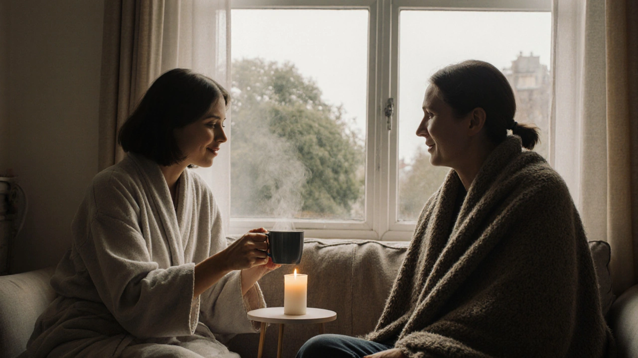 A gentle aftercare moment with tea and a blanket, conveying peace and emotional healing in a quiet London flat.