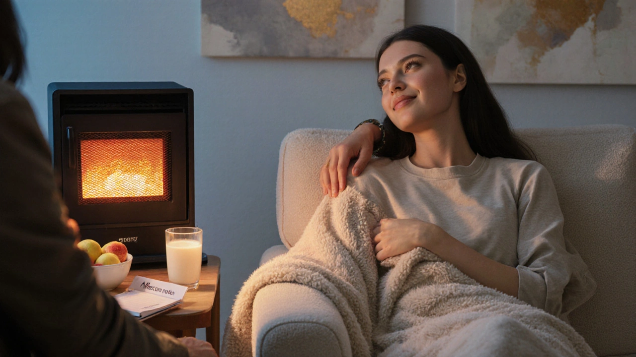 A relaxed person wrapped in a blanket receiving a comforting hand in a warm lounge.