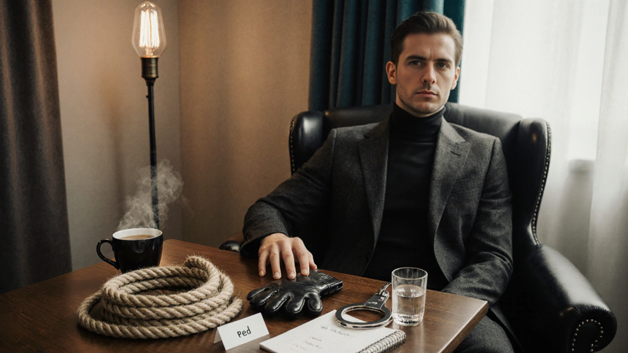 A studio table displaying rope, cuffs, a safe‑word card, tea, and an escort seated nearby.