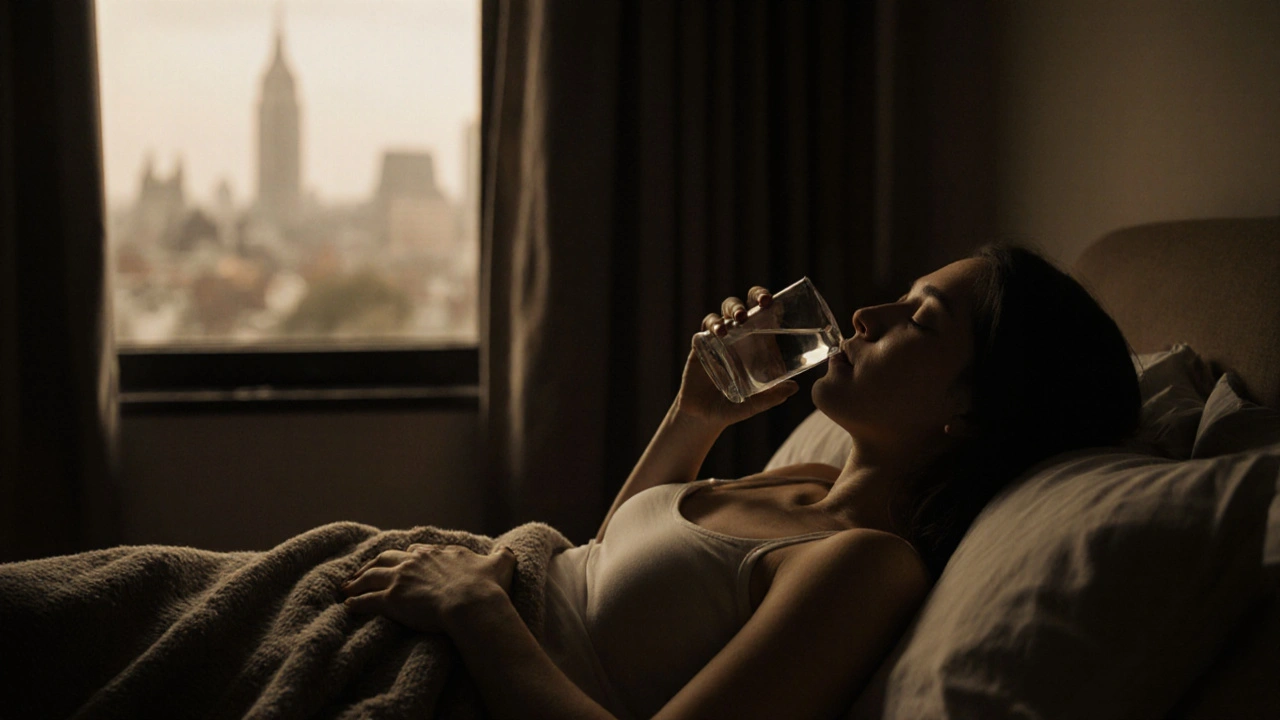 Aftercare scene with couple resting under a blanket, sipping water.