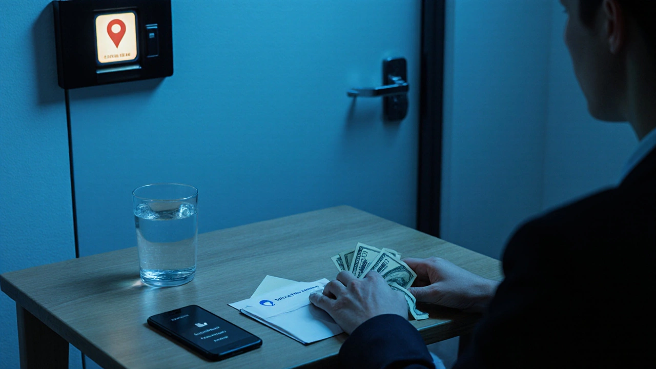 Calm post‑session scene showing discreet payment and a phone check‑in for safety.