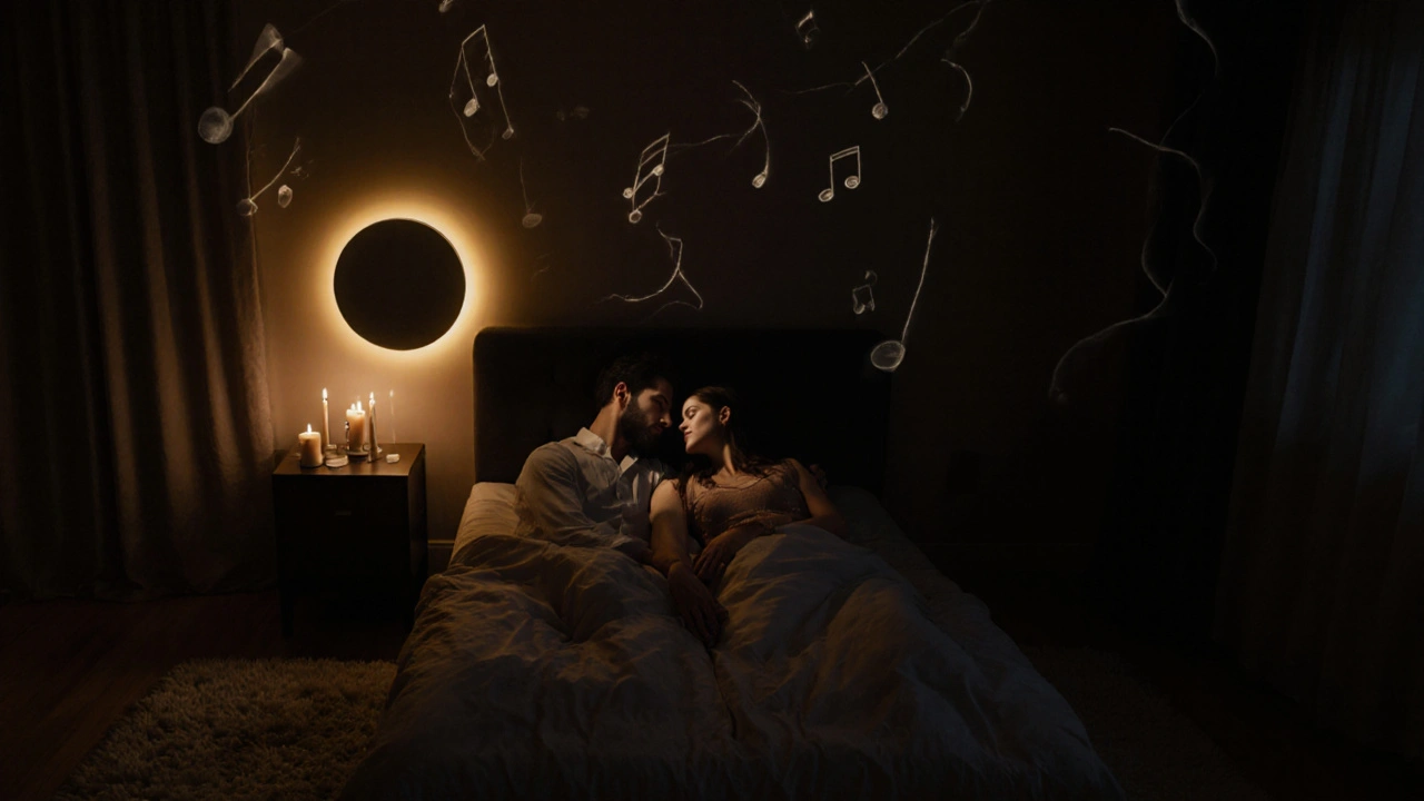 Candlelit bedroom showing a couple sharing a quiet, intimate gaze.