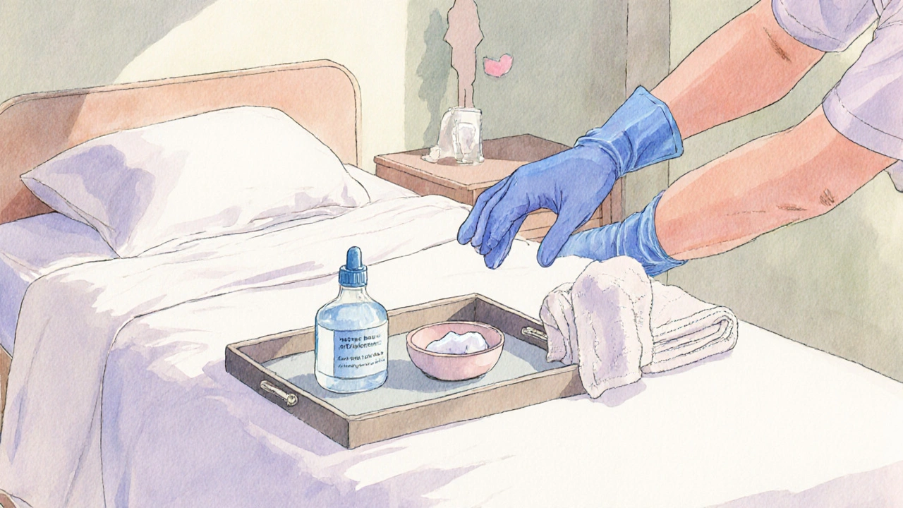 Clean studio with lubricant, dental dam, gloved hand indicating safe preparation.