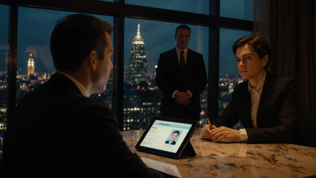 Client and escort reviewing safety details in a well-lit hotel lobby, London skyline visible.