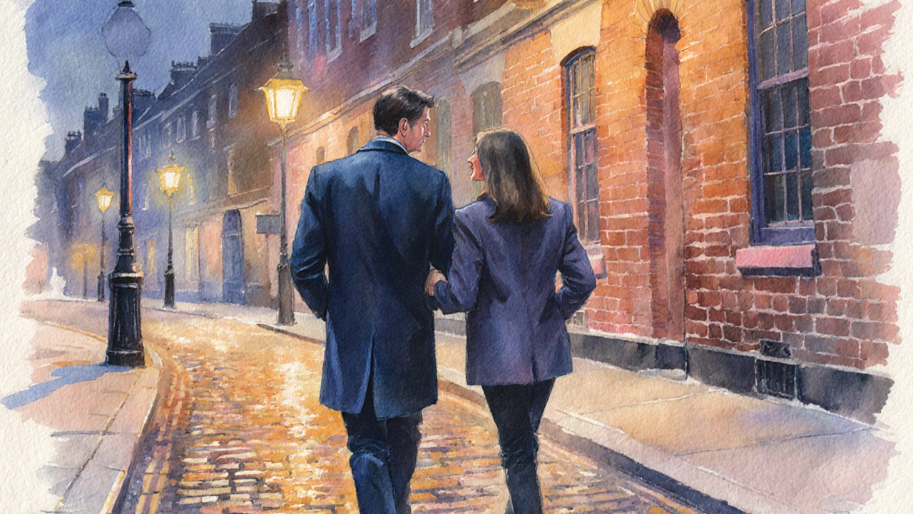 Client and escort walking together on a quiet London street under streetlights.