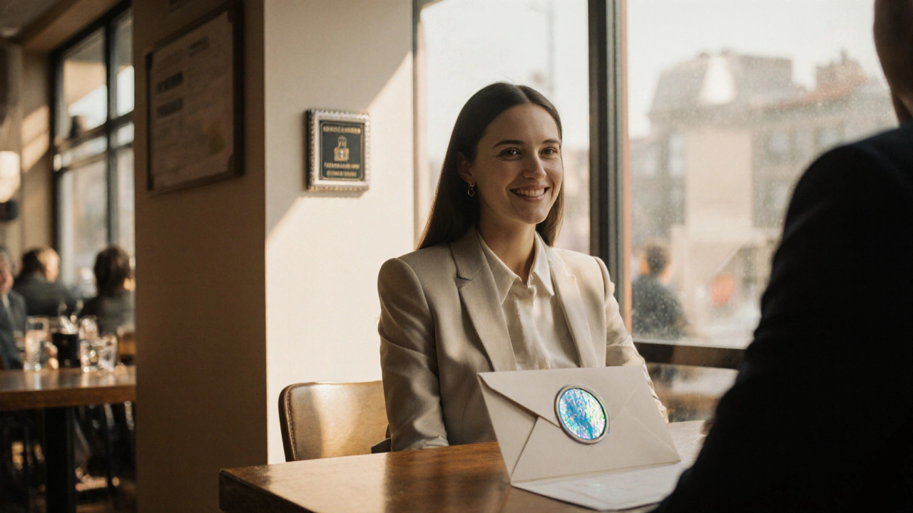 Companion and client sitting safely at a café with subtle security cues.