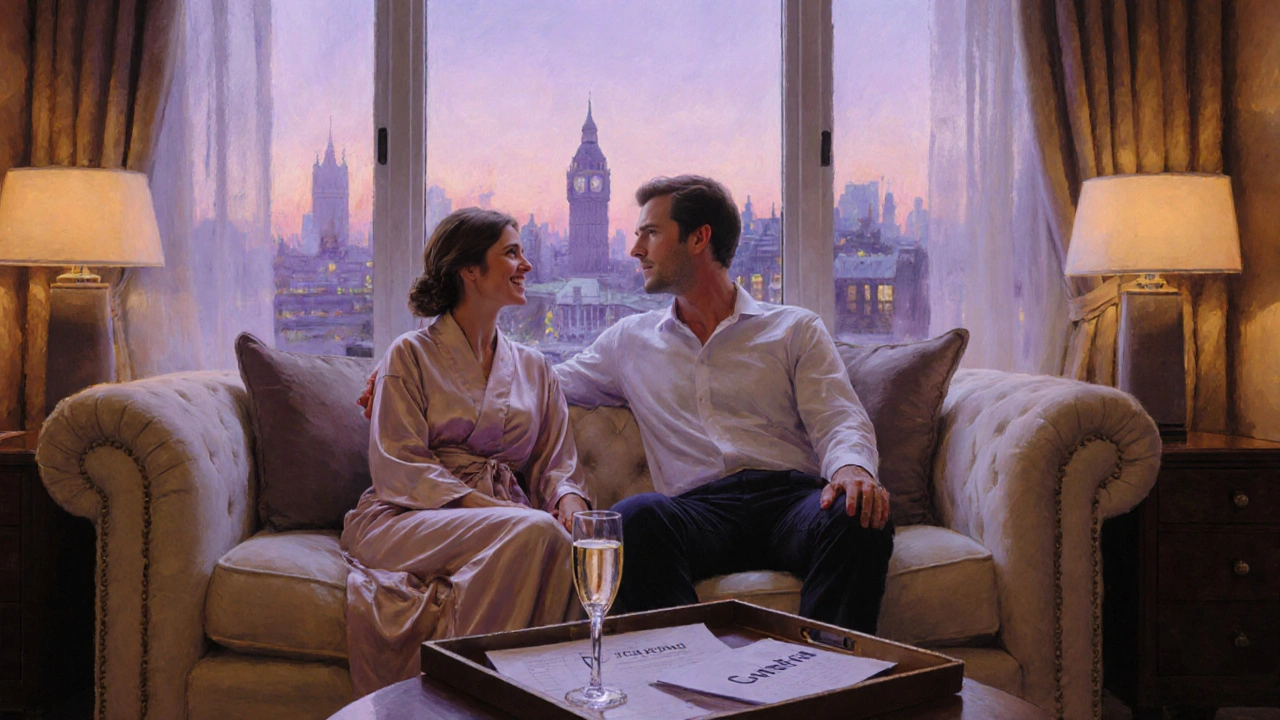 Couple chatting on a sofa in a luxurious hotel suite with a safety checklist on a tray.