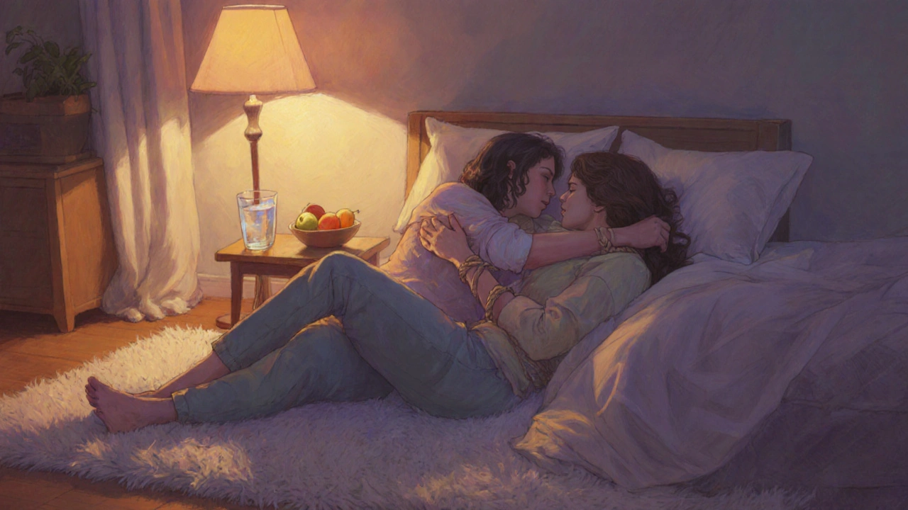Couple cuddling after a light rope tie, warm lighting and water glass on a rug.