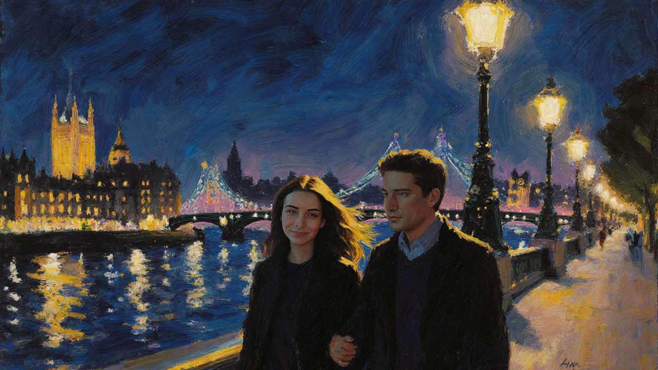 Couple strolling hand-in-hand along the Thames at night, smiling.