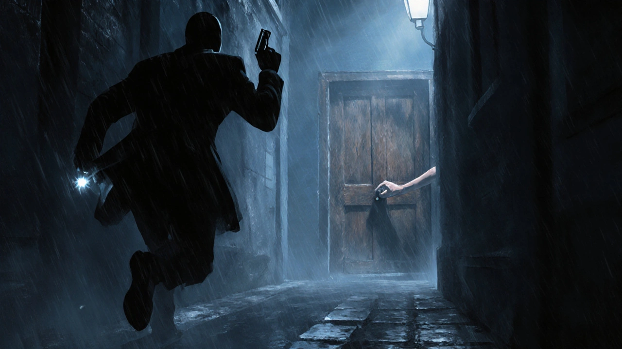 Dark alley scene where a trembling hand opens a door, emphasizing a paused moment.