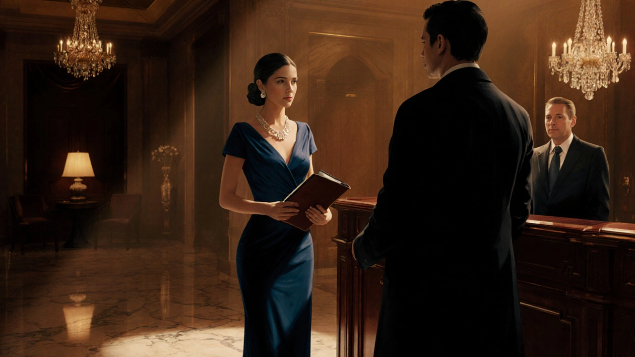 Elegant escort and client greeting each other in an upscale hotel lobby.