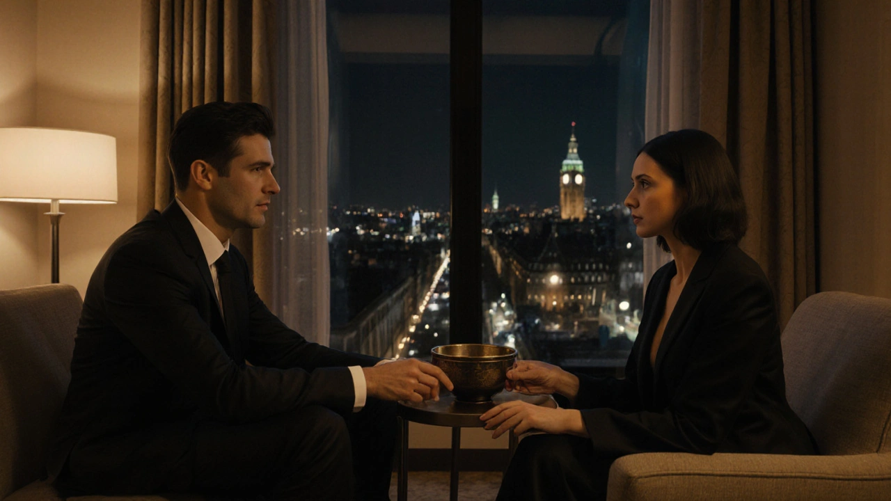 Escort seated with a couple in a hotel suite, sharing a relaxed conversation.