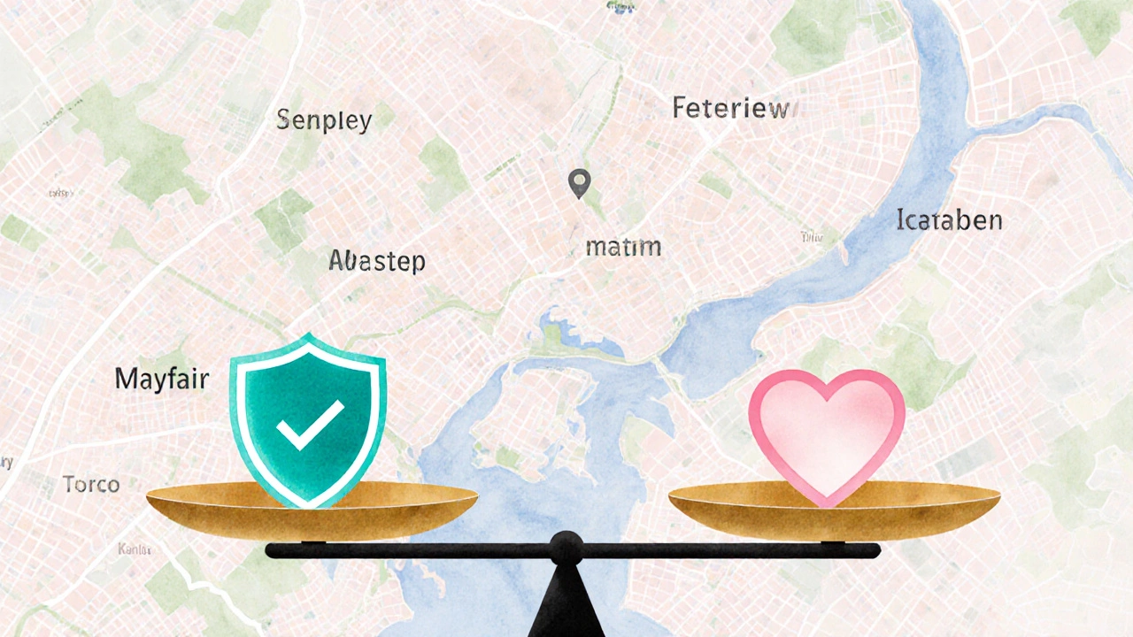 Illustrated London map highlighting Mayfair, Shoreditch, Camden with a balanced scale holding a shield and a heart.