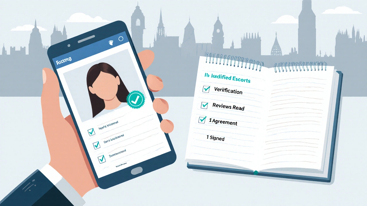 Illustration of a phone showing a verified escort profile with a checklist beside it.