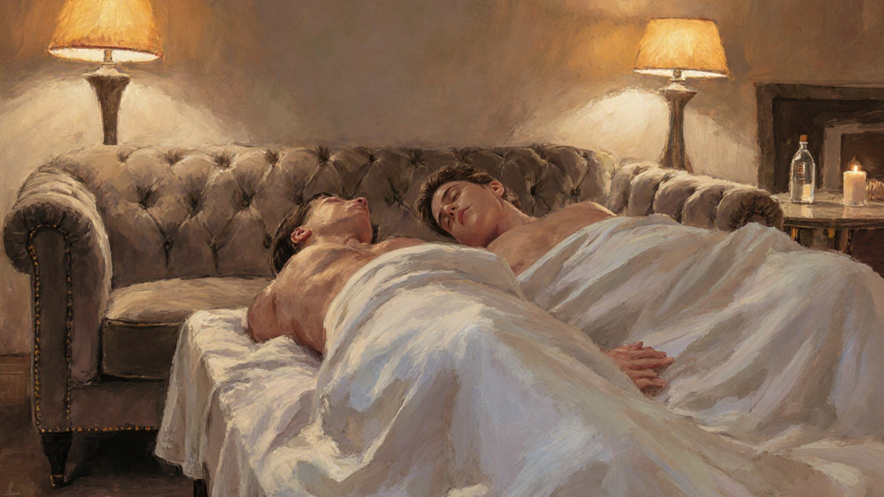 Illustration of a private studio with partners' chests sliding on silk.