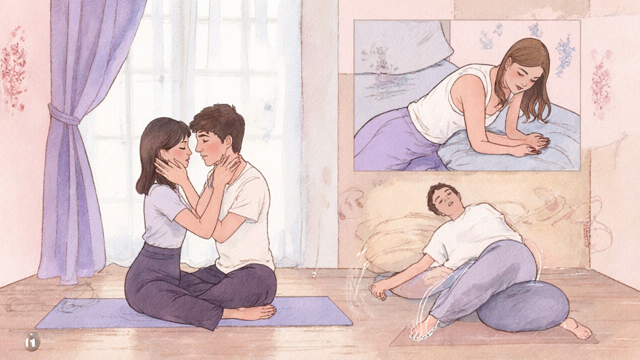 Illustration of three beginner Kamasutra positions with gentle lighting.