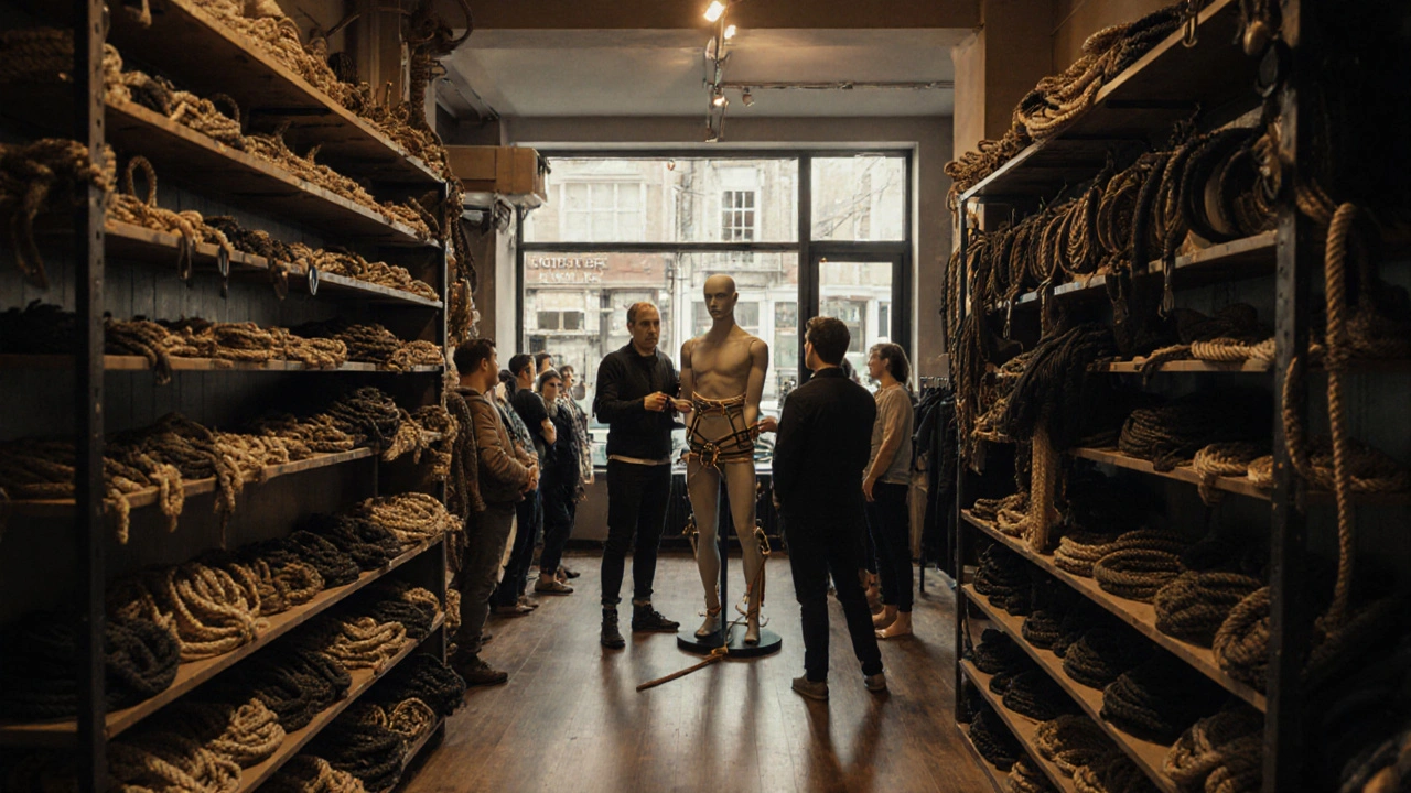 London boutique workshop showing ropes, cuffs, and an instructor demonstrating a tie.