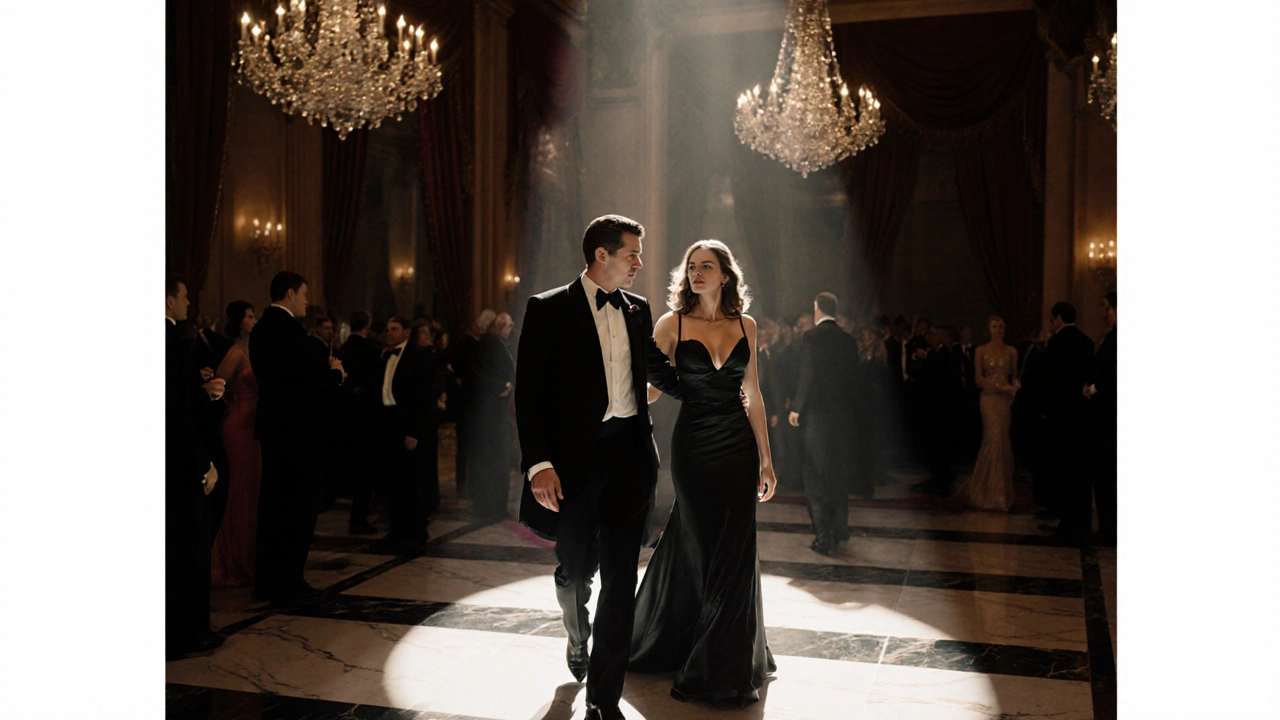 Luxury escort guiding client through a glamorous gala ballroom under chandeliers.