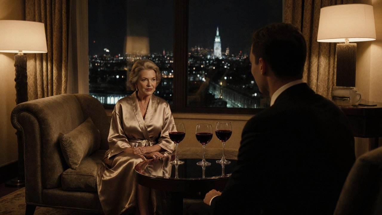 Luxury hotel suite interior with two wine glasses and a sophisticated companion chatting.