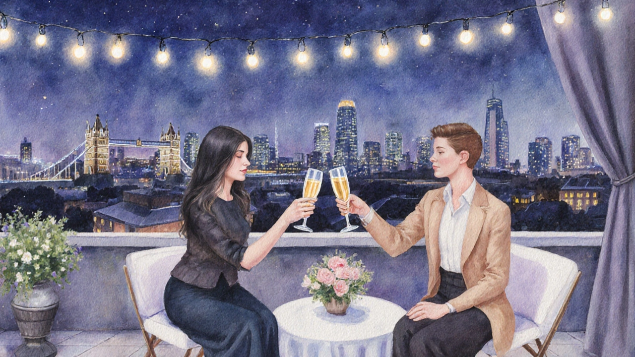 Rooftop terrace at night with escort and client toasting champagne under city lights.