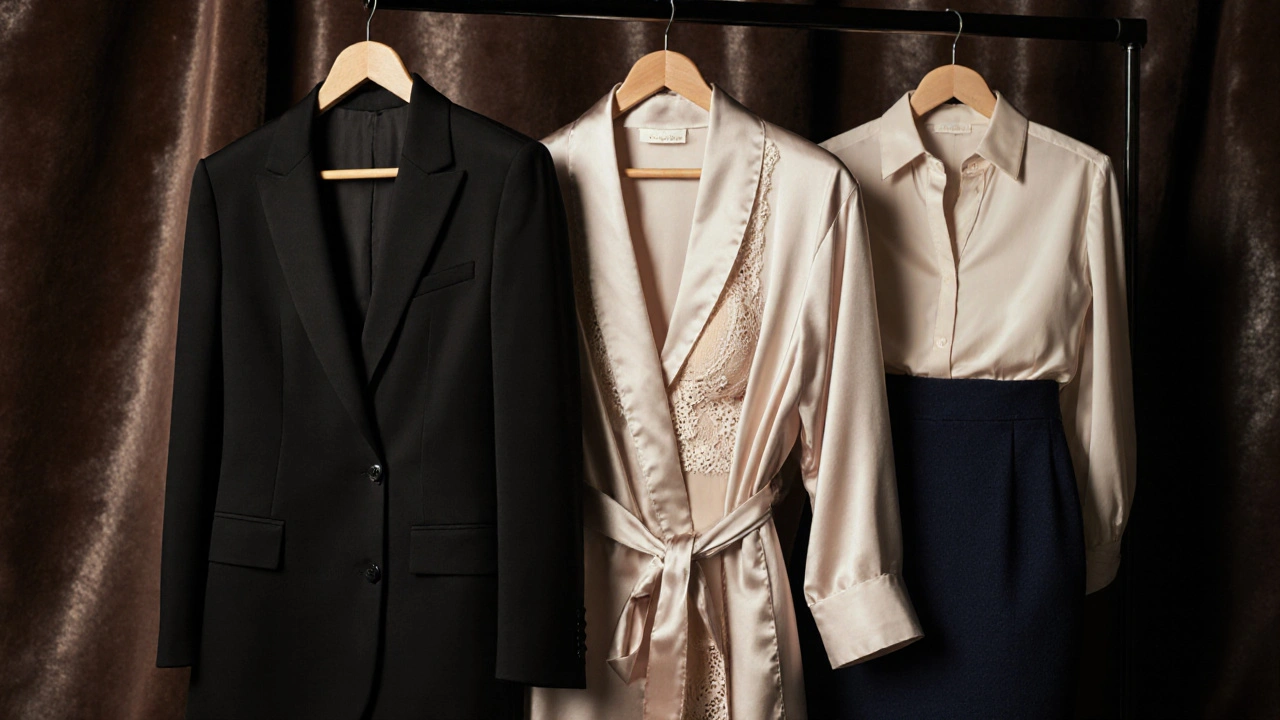 Three curated outfits hanging together: blazer, silk robe, and pencil skirt on a wooden hanger.