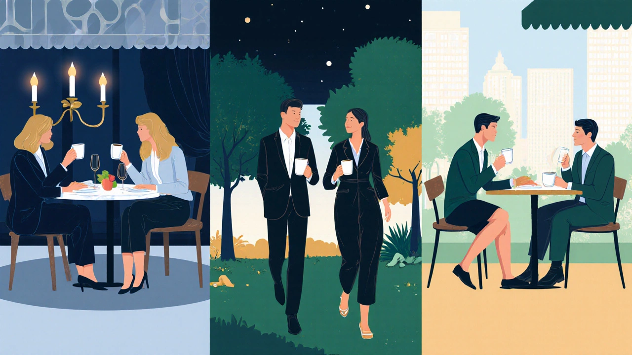 Three vignettes showing dinner, park walk, and café meet with a companion.