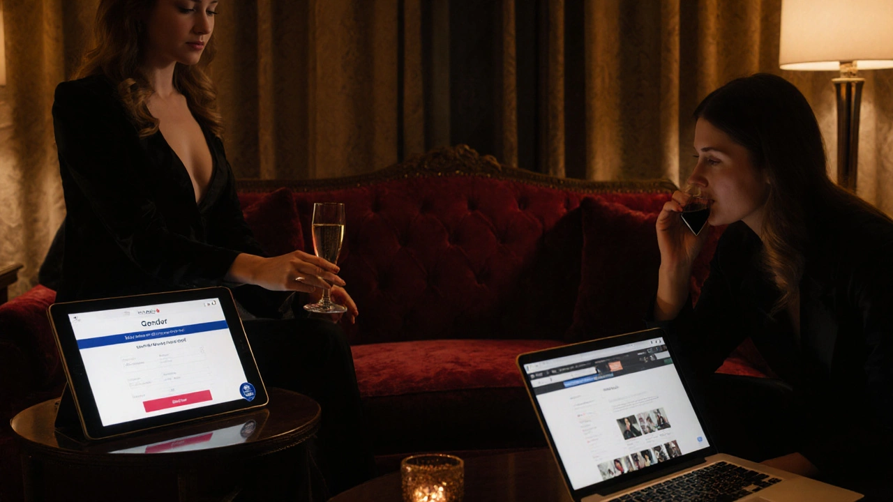 Upscale hotel suite showing a polished escort meeting with an agency tablet on one side and a relaxed independent setup on the other.