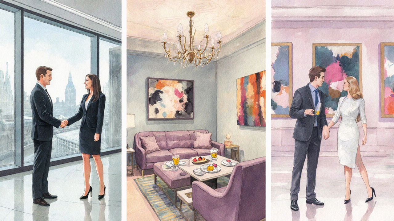 Various GFE scenarios in London, including agency office, hotel lobby, and art gallery date.