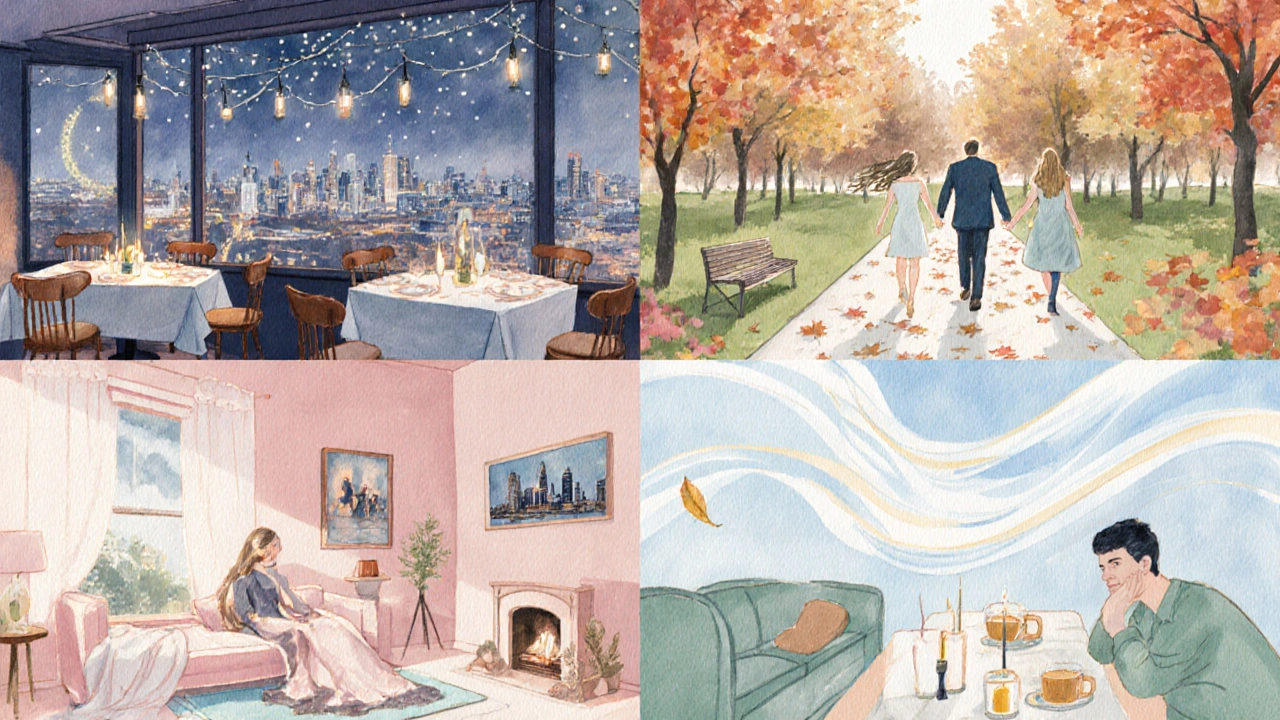 Watercolor collage of dinner, park walk, movie night, and tea ritual.