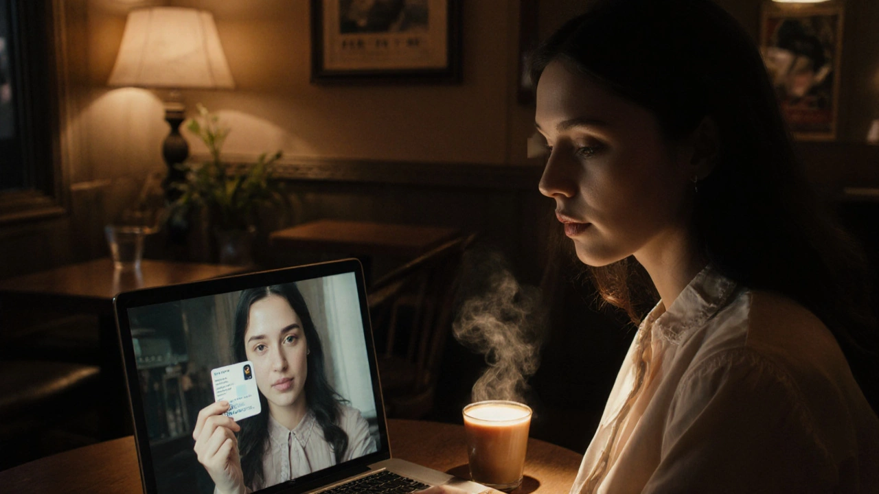 Woman on a video call in a café, showing blurred ID beside a steaming latte.