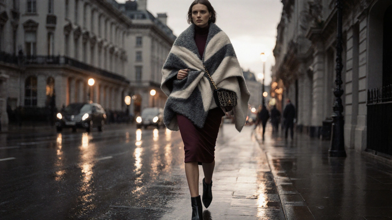 Woman walking elegantly at dusk in a cashmere wrap and ankle boots on a rainy city street.