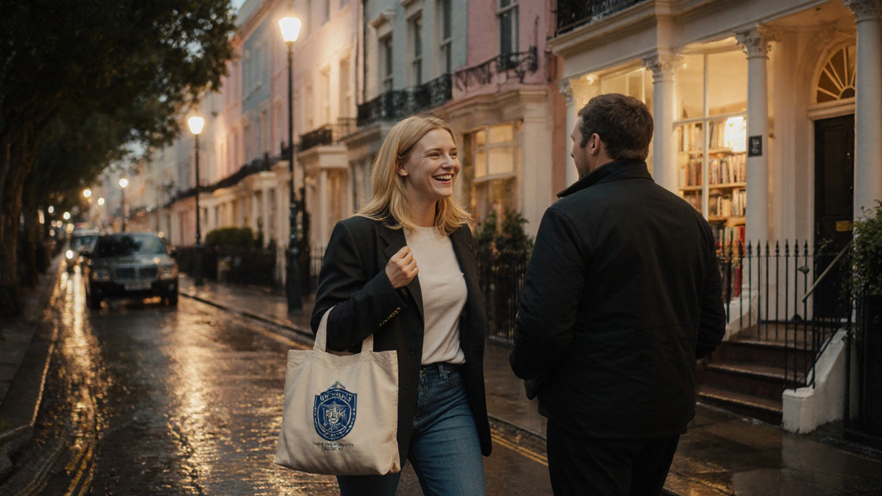 A blonde woman walking with a client in Notting Hill, laughing under streetlights, looking like ordinary friends.