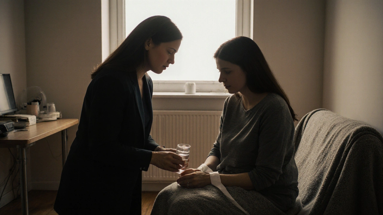 A bondage escort offering aftercare with water and a blanket to a client.