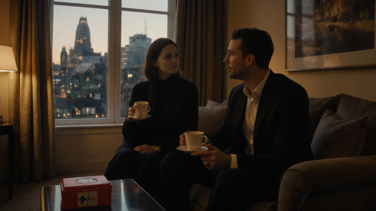 A client and escort having a quiet, respectful conversation over tea in a London hotel room.