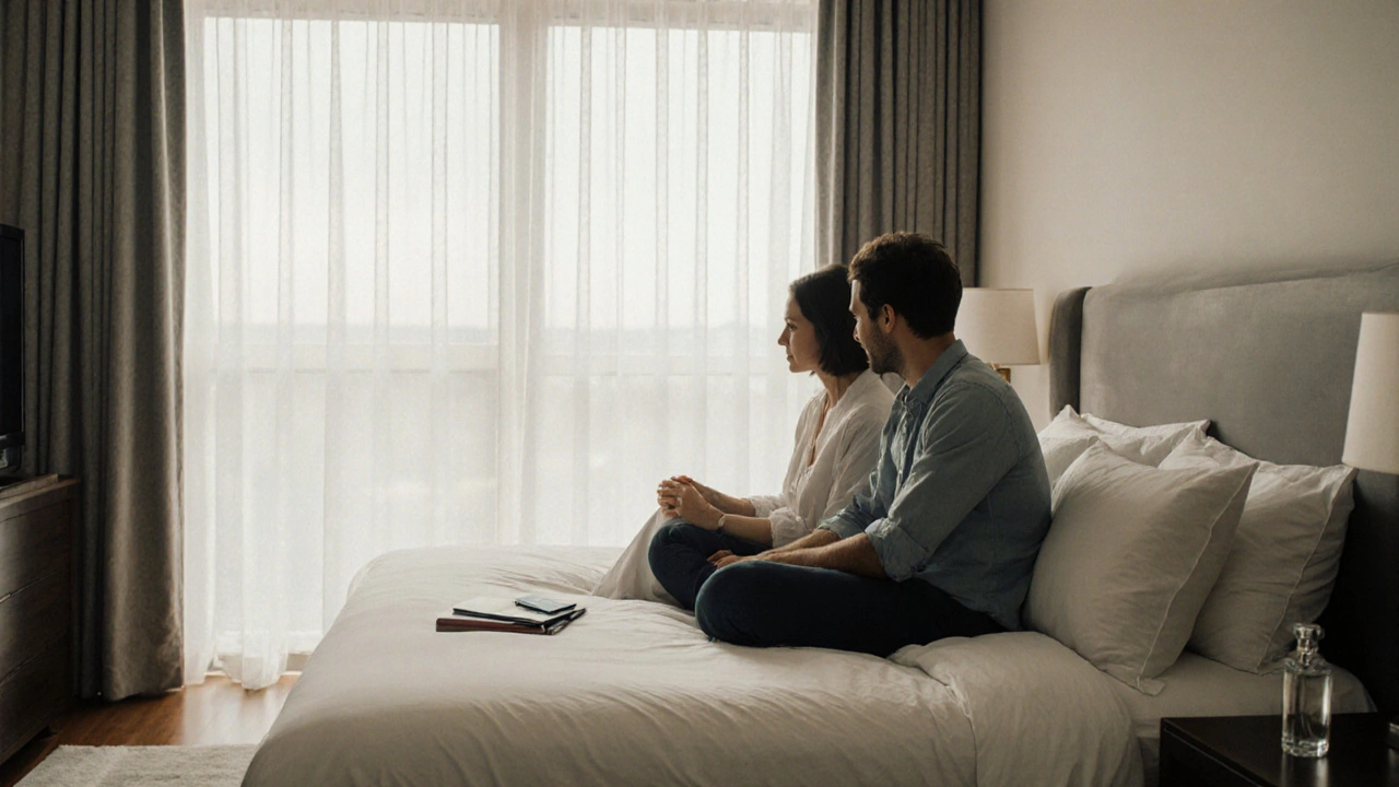 A client and escort sit quietly together on a bed, engaged in conversation, natural light, no physical contact, personal items visible.