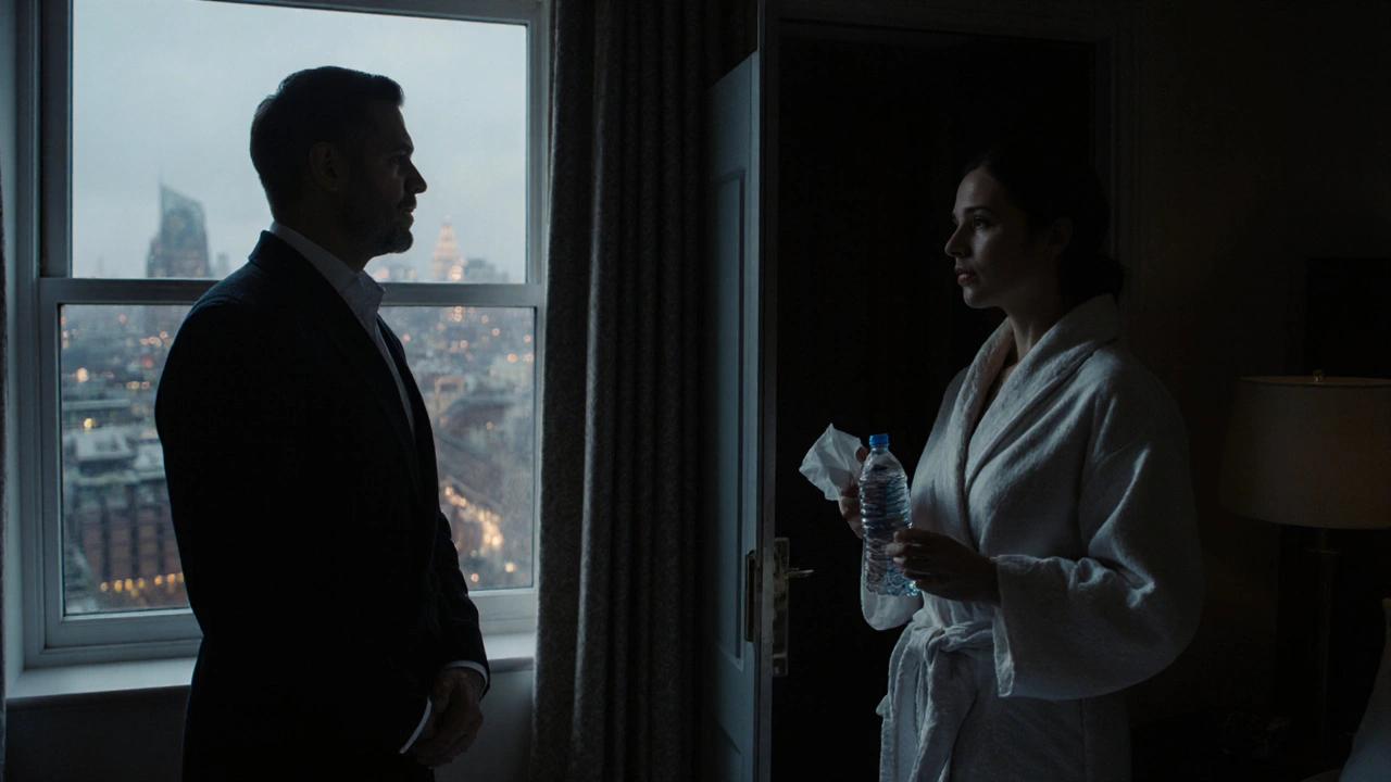 A client stands by a window at dusk, escorted by a caring professional offering water after a session.