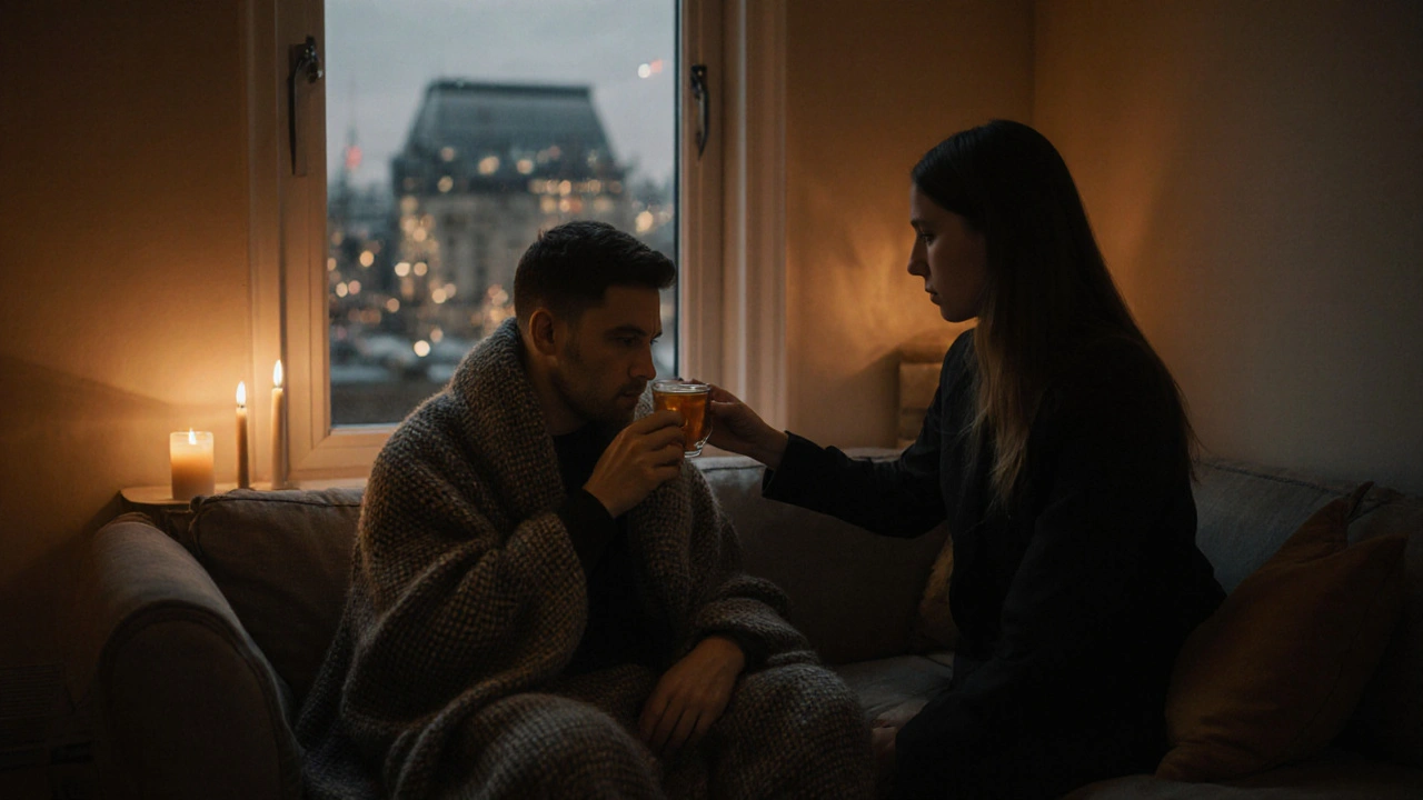 A client wrapped in a blanket sipping tea after a session, with escort offering quiet support.