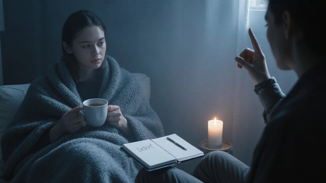 A client wrapped in a blanket sips tea as an escort offers quiet aftercare support.