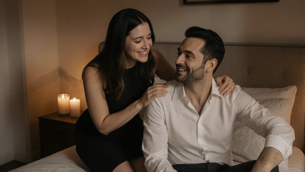 A compassionate woman offering gentle support to a client in a softly lit private room.