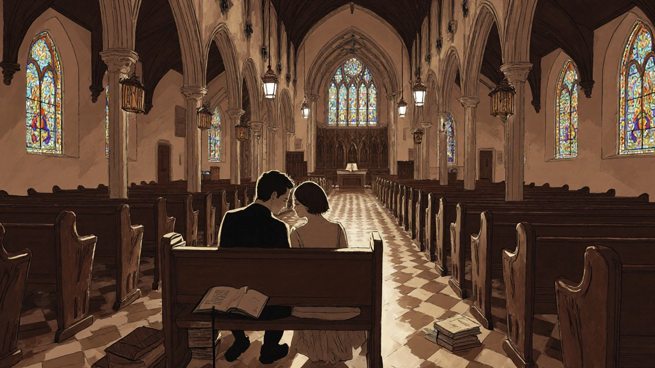 A couple on a wooden pew in a chapel, listening intently to an acoustic performance.