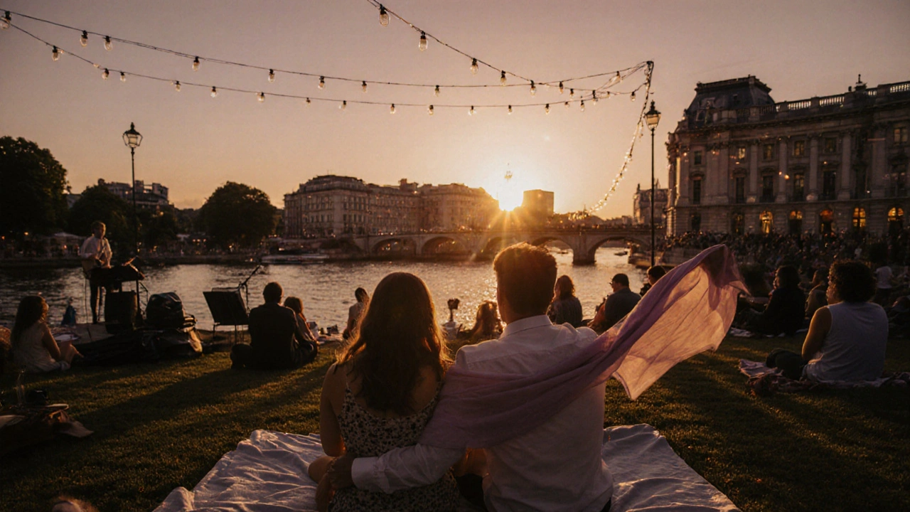 A couple sitting on a blanket at sunset during an outdoor concert with the Thames in the background.