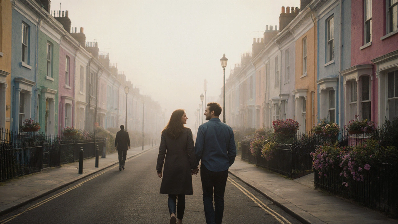 A couple walks hand-in-hand through a misty London street, reconnected after an intimate session.