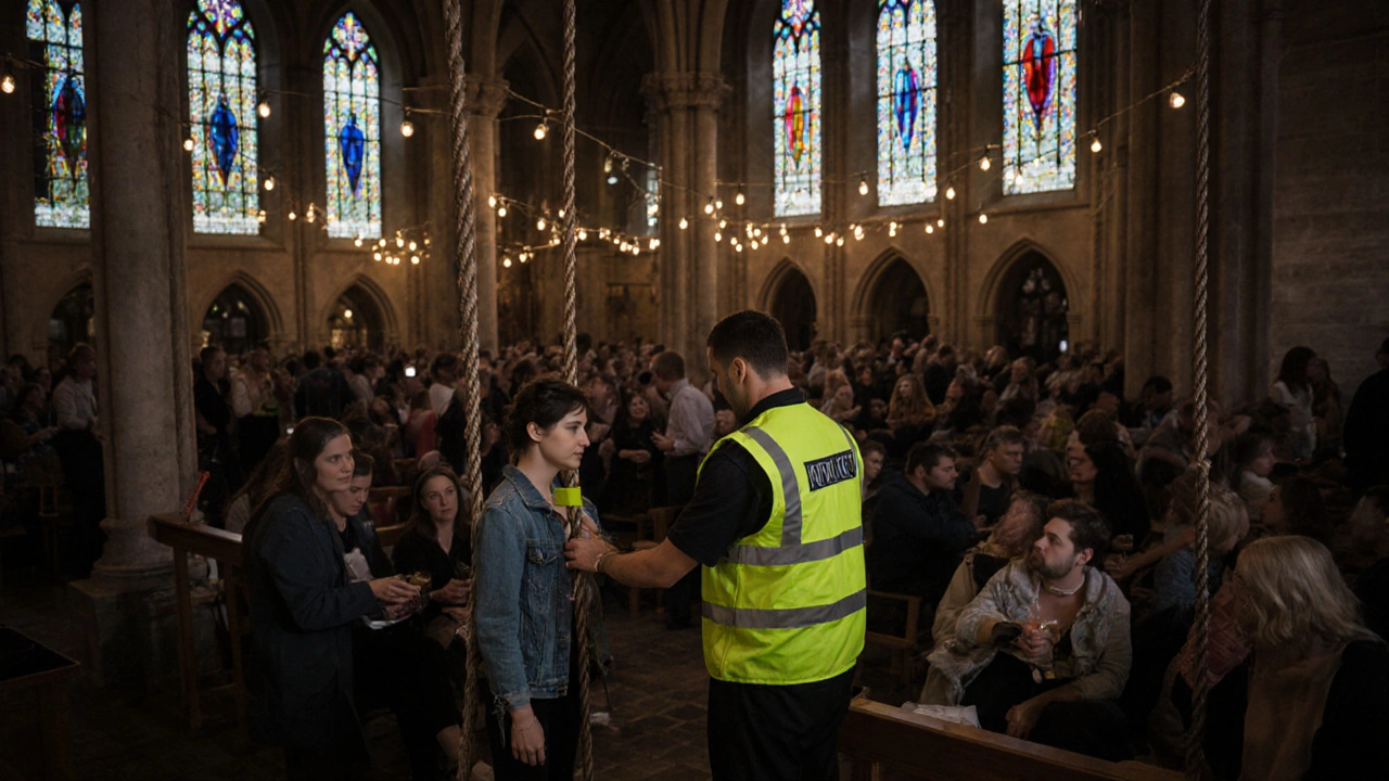 A diverse crowd at a London bondage event, with a safety marshal checking on a guest wearing a yellow wristband.
