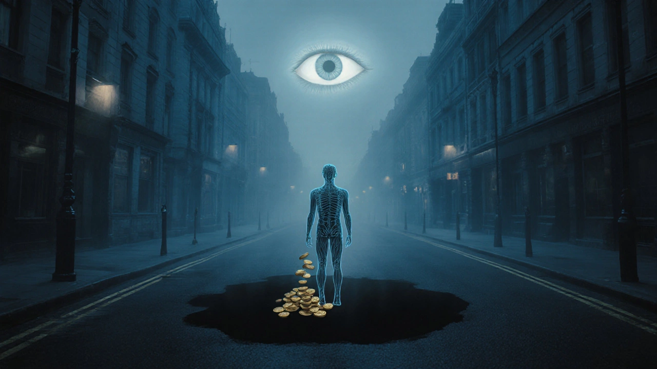 A figure drops golden coins into a dark void under a foggy London street, with an unseen eye above.