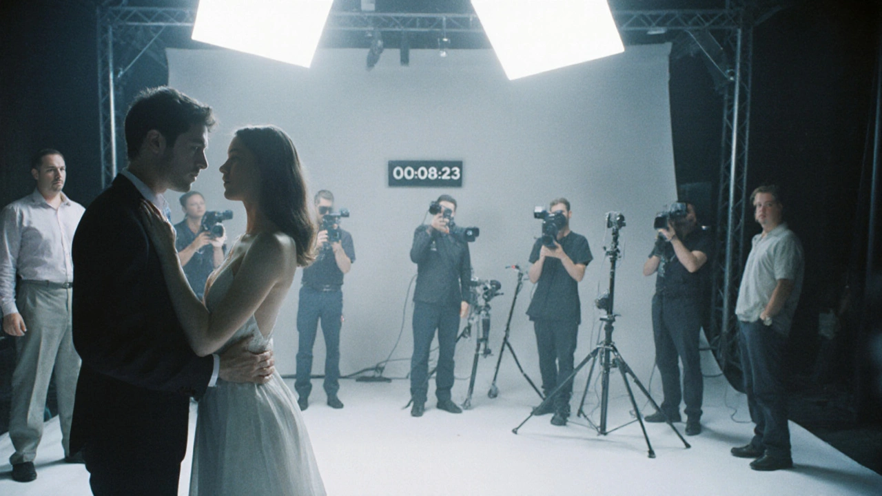 A film set with a couple performing a scripted scene while a crew watches silently under bright studio lights and a ticking timer.