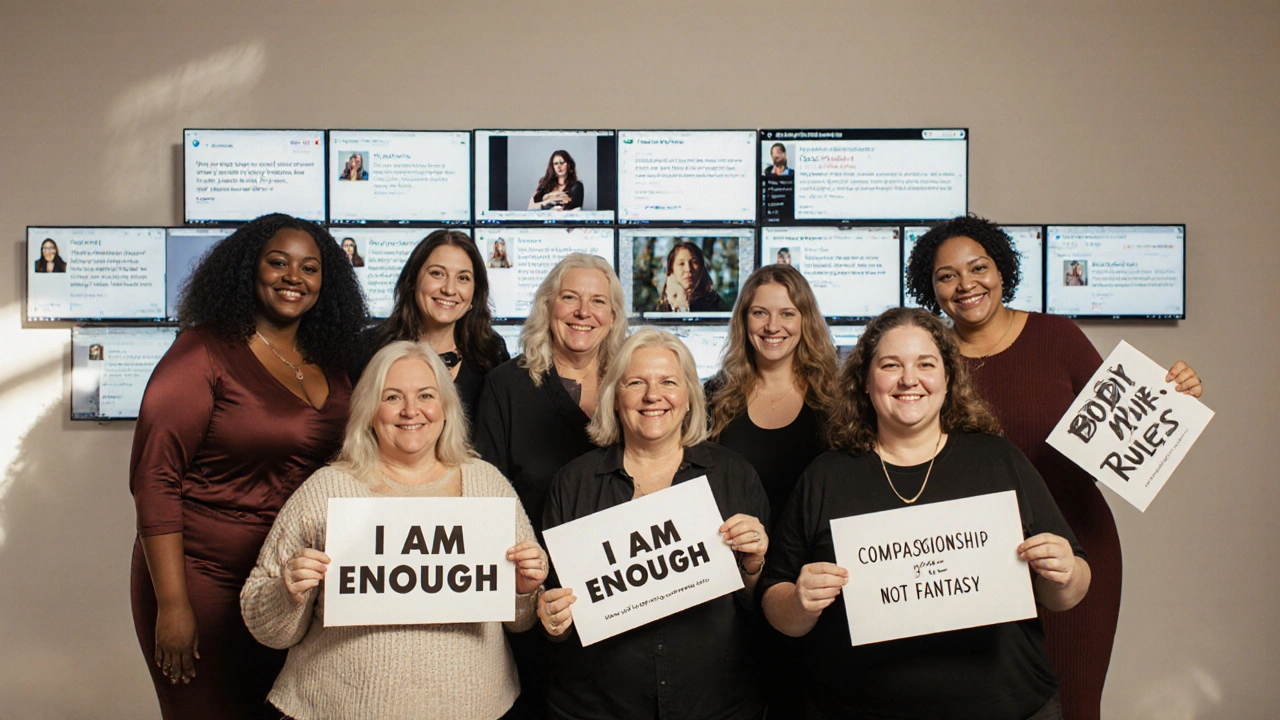 A group of confident plus-size women holding empowering signs in a sunlit studio.