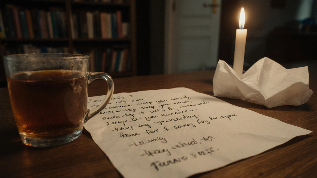 A handwritten list of hurtful phrases on paper, beside a teacup and folded tissue, candlelight glowing softly.