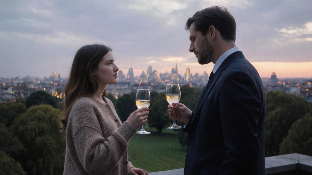 A man and woman sharing a quiet evening on a terrace overlooking London park at dusk.